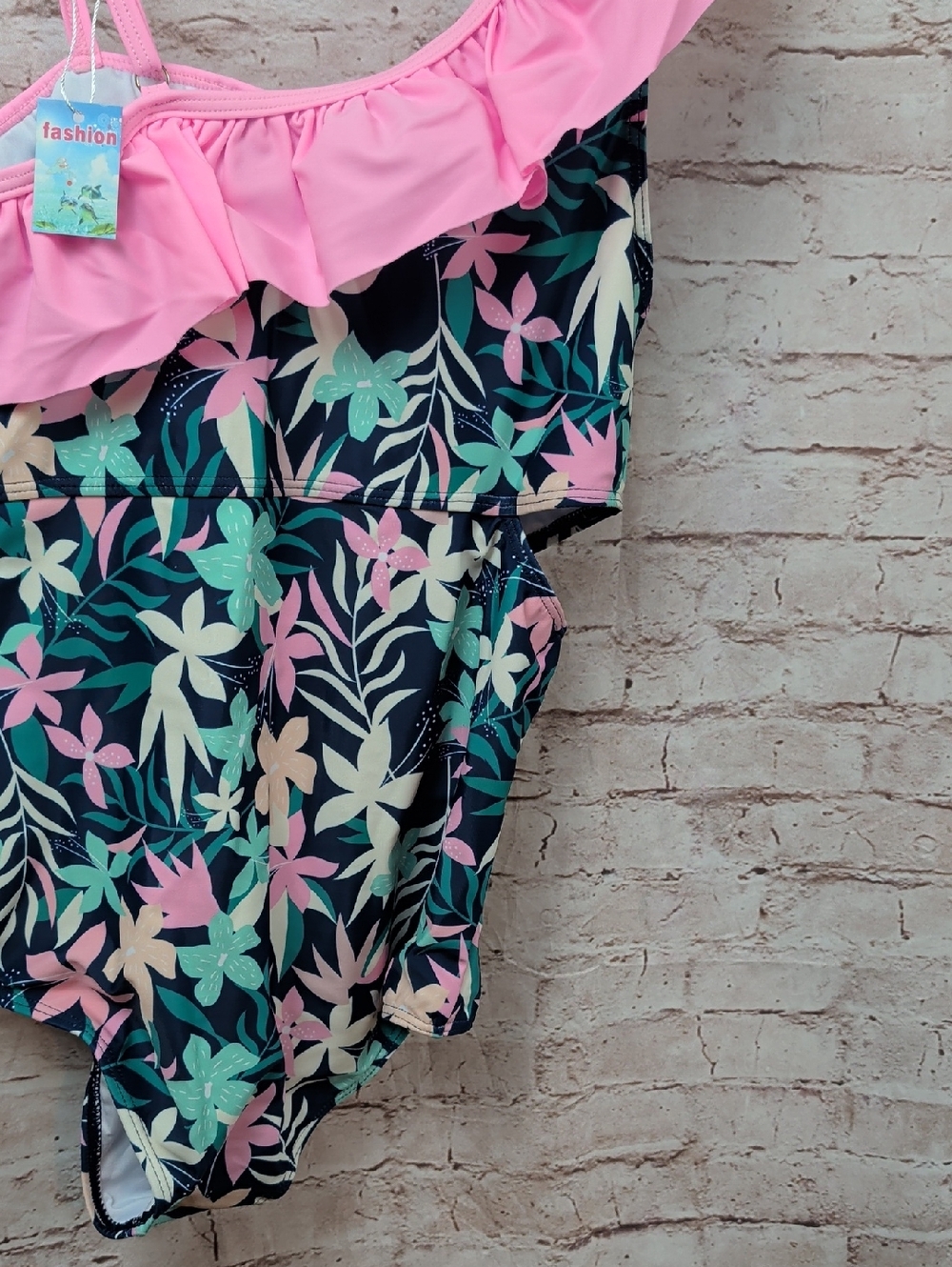 One-Shoulder Pink Ruffle Floral One-Piece Swimsuit 14 Years Girl's XL - Picture 6 of 7